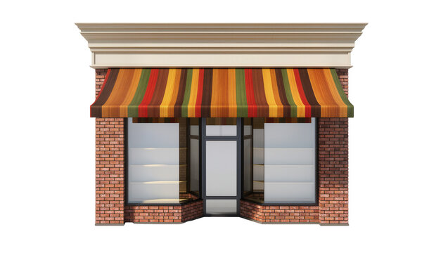 Brick storefront with striped awning and display windows
