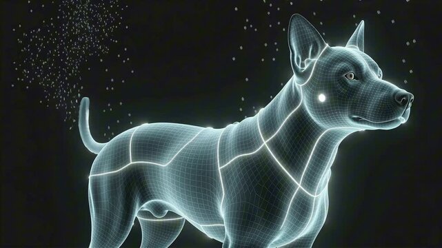 Hologram dog in a friendly standing pose, wagging its tail slowly, built from cyan wireframe and glowing contours with light pulses traveling along the body like data.