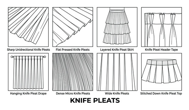 Sharp knife pleats fabric types and clothing examples detailed illustration vector.