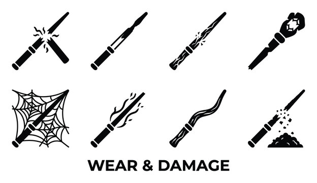Wear and damage icons for magic wands showing breakage, cracking, cobwebs, energy bursts, and disintegration.