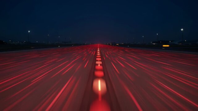 A long, illuminated runway stretches into the distance under a dark night sky, guiding aircraft safely towards their destination.