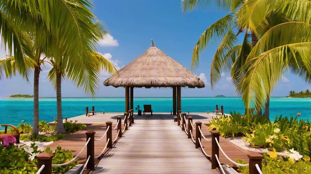 Wooden dock leading to a thatched gazebo over turquoise water in a tropical paradise. Lush palm trees frame this peaceful luxury beach resort vacation scene under a sunny blue sky.