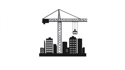 Fototapeta premium Simple, black silhouette of crane amidst buildings, creating a skyline against white