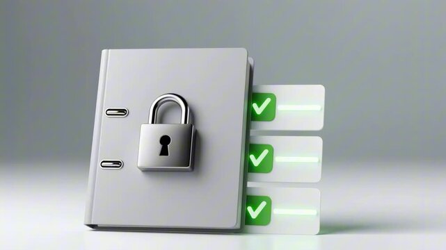 3D locked checklist folder with items ticking themselves as green lights appear. Minimal studio scene symbolizing data security, secure document management, and task completion.