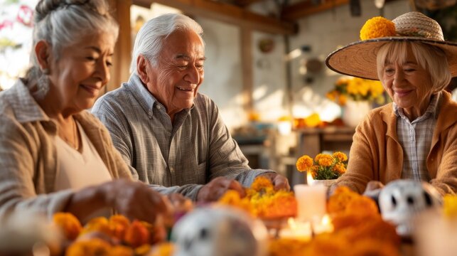 Three elderly friends celebrating together, crafting marigold decorations with joy.