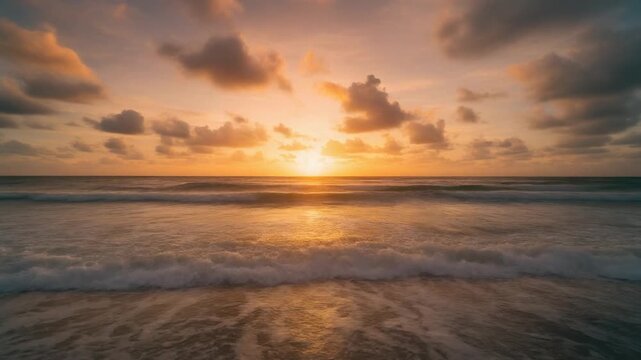 Cinematic Wide Angle Ocean Timelapse at Sunrise with Golden Waves Rolling Toward the Beach and Fast Moving Clouds in the Sky, Full HD Motion Background