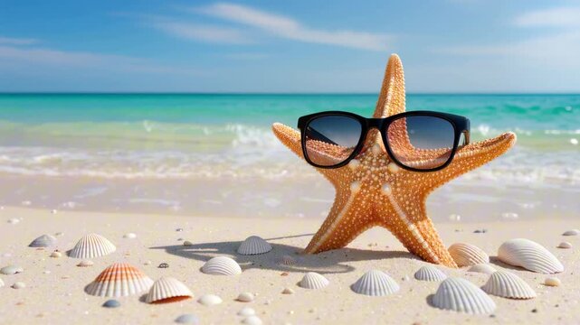 Starfish wearing black sunglasses on a sandy beach with seashells. Beautiful turquoise ocean and blue sky background representing summer vacation, travel and relaxation.