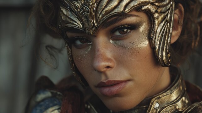Woman wearing gold ornamented headpiece portrait with dramatic makeup looking forward