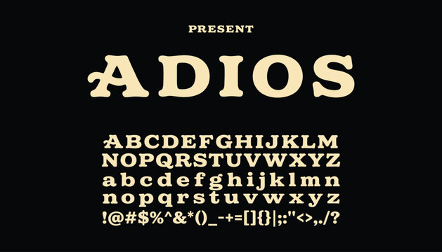 Adios Retro bold serif alphabet set presented in a vector graphic design software interface environment