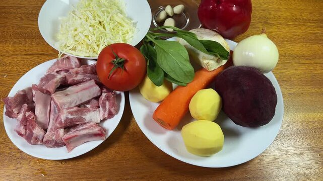 Some raw main ingredients for further typical red borscht cooking