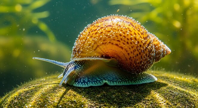 Colorful Aquatic Snail Resting on Mossy Rock in Sunlit Freshwater Habitat