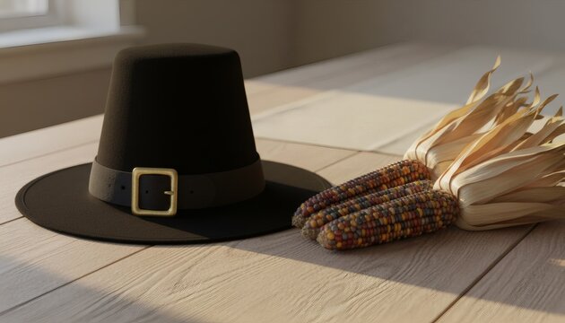Pilgrim hat and corn arrangement on a rustic wooden table under warm sunlight, representing a Thanksgiving holiday harvest concept with classic autumnal decor
