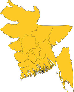 Bangladesh map vector illustration, yellow country silhouette with administrative regional divisions isolated on white