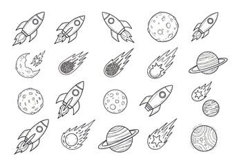 Fototapeta premium Collection of Hand-Drawn Space Objects and Rockets.