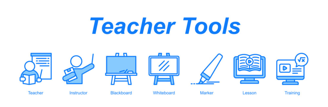 Teacher Tools web banner icon concept for with icon of Teacher, Instructor, Blackboard, Whiteboard, Marker, Lesson, Training.