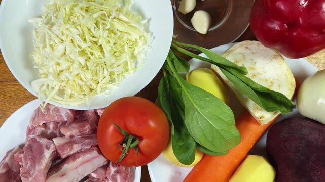 Some raw main ingredients for further typical red borscht cooking