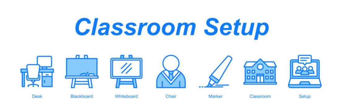 Classroom Setup web banner icon concept for with icon of Desk, Blackboard, Whiteboard, Chair, Marker, Classroom, Setup.