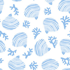 Abstract geometrical shape seashells seamless pattern. Hand drawn blue shells, conchs, mussels with ink lines, stripes, dots marking texture background. Vector modern organic illustration © Tanya Syrytsyna