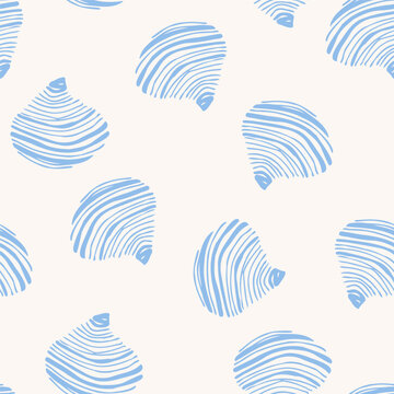 Abstract stylized, fan-shaped seashells seamless pattern. Hand drawn shells with irregular ink lines, stripes texture in blue monochrome colors. Vector modern organic styled background