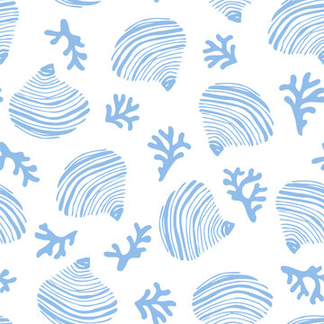 Abstract geometrical shape seashells seamless pattern. Hand drawn blue shells, conchs, mussels with ink lines, stripes, dots marking texture background. Vector modern organic illustration