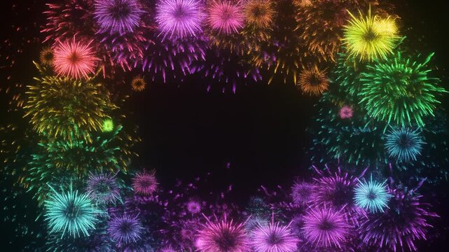七色の光の粒子が舞う背景