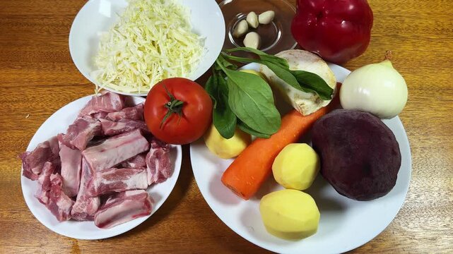 Some raw main ingredients for further typical red borscht cooking