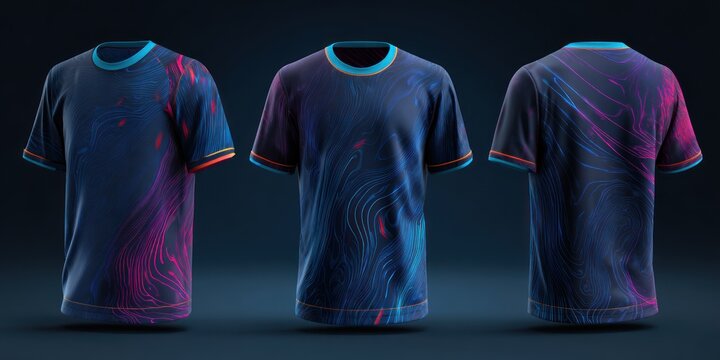 Three navy blue graphic t shirts displayed with abstract swirling designs against a dark background