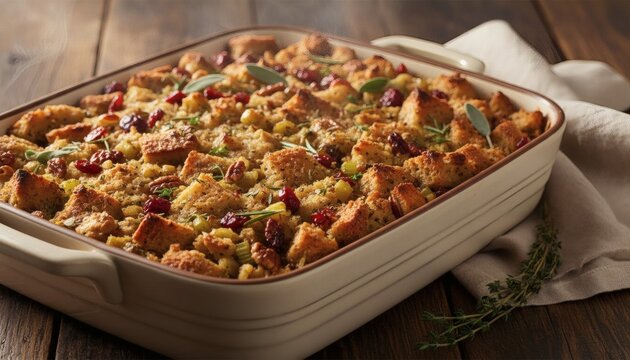 Freshly baked Thanksgiving stuffing in a ceramic dish steaming on a rustic wooden table, representing home-cooked holiday feast concept in warm cinematic lighting
