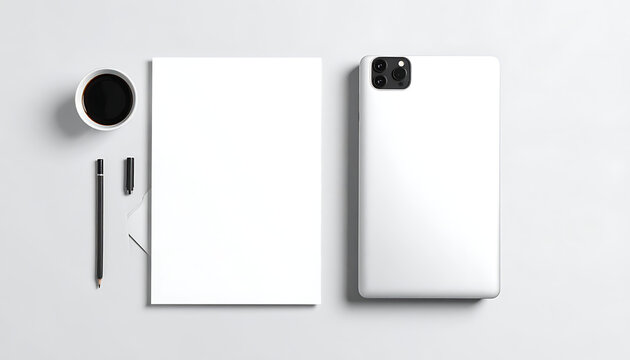 Flat lay of a blank white paper, a pencil, and a modern tablet device with camera array, arranged on a neutral gray surface, suggesting office work, planning, or digital note-taking