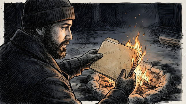 A man's solemn face, lit by a small campfire, watches as important documents burn, marking a profound and irreversible decision in the quiet solitude of the outdoors
