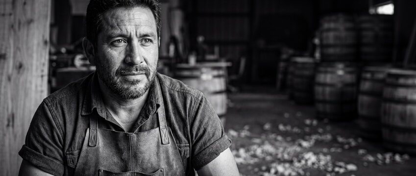 Male cooper craftsman in workshop posing near wooden barrels. Portrait of Hispanic artisan winemaker in rustic cooperage distillery wearing apron looking thoughtful in black and white photography.