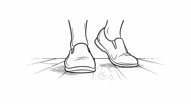 Line art of feet wearing slip-on shoes on a tiled floor