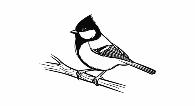 Detailed black and white illustration of a small crested bird perched on a branch