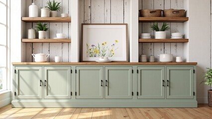Fototapeta premium Rustic Farmhouse Kitchen Mockup with Botanical Poster