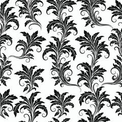 Fototapeta premium Damask, floral, seamless, black, white, pattern, wallpaper, vector, elegant, leafy designs