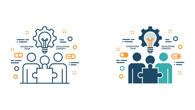 Operations team developing concept icon set featuring people with jigsaw puzzle and lightbulb in gear icon for creative problem solving and project management and collaborative business ideas