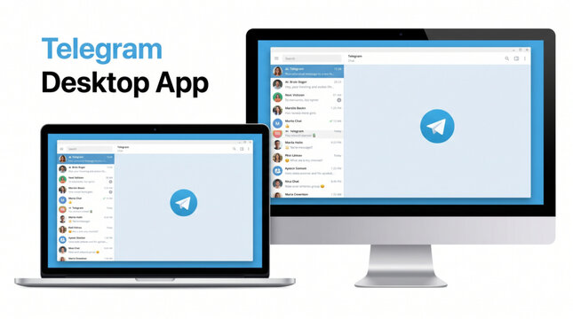 Telegram desktop app user interface on laptop and desktop monitor screen, messaging app UI mockup with chat list and logo for web and mobile communication software and digital branding design set.