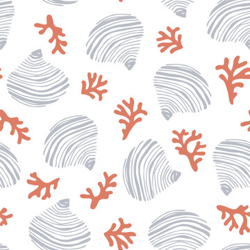 Abstract geometrical shape seashells seamless pattern. Hand drawn blue shells, conchs, mussels with ink lines, stripes, dots marking texture background. Vector modern organic illustration