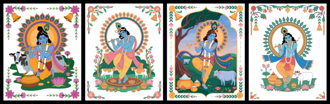 Lord Krishna Janmashtami Poster Collection with Flute and Divine Art