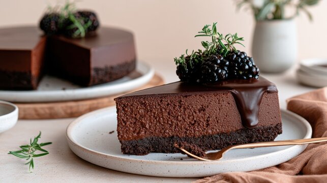 A chocolate dessert is displayed on a simple plate garnished with blackberries. The setting highlights modern kitchen design and textures