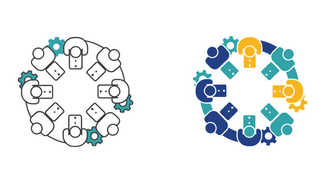 Corporate team meeting round table icon set with gear symbols for collaborative decision making and business strategy planning in linear and color flat design for professional presentation graphics