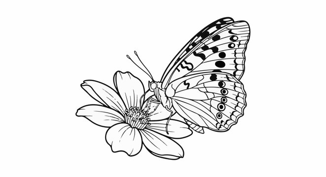 Detailed line art of a patterned butterfly resting on a flower