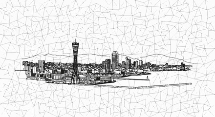 Fototapeta premium Sketchy line art cityscape with a tall tower, buildings, and water