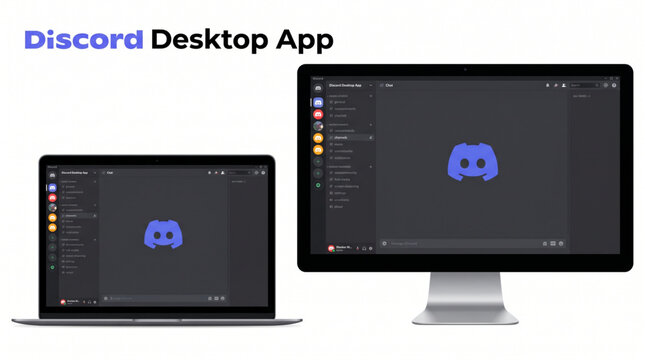 Discord desktop app UI on laptop and desktop monitor screens, featuring social media messaging interface with server icons, channel lists and chat windows for modern gaming and digital communication.