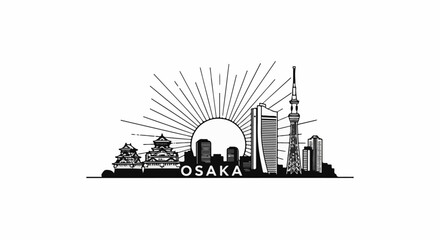 Fototapeta premium Stylized black and white skyline silhouette of a Japanese city at sunrise
