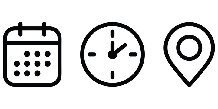 Calendar, clock and map pin icons, time, date, schedule, location, event planning