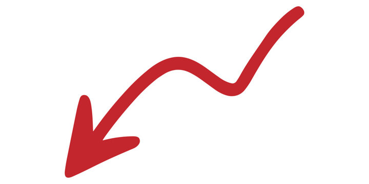 Red arrow pointing down, sign of decrease, decline, fall, downward trend, red arrow