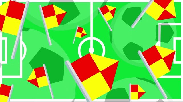 Cartoon style animation of various soccer flags, green, Art.
