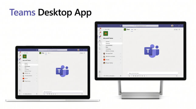 Microsoft Teams desktop application UI mockups on laptop and monitor featuring chat interface, navigation sidebar, channels, search bar, and logo for business communication and collaboration.