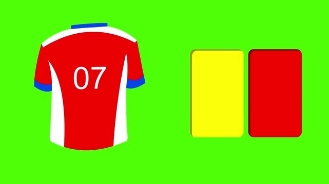 Cartoon style animation of soccer cards and shirt on a green background, green, art, 2D.